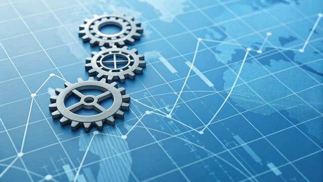 A close-up of gears on a blue grid background, representing engineering, data analysis, and industrial processes.