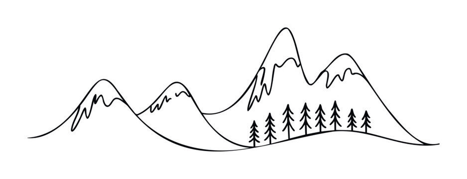 Minimalist mountain range with pine trees in a simple line drawing style perfect for outdoor adventure branding and naturethemed projects