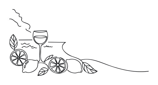 Delicate line drawing of a wine glass surrounded by lemons and leaves, suggesting refreshing drinks and summer vibes, perfect for beverage promotions and seasonal marketing.
