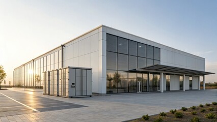 A modern, minimalist building featuring large glass windows, a sleek facade, and a spacious outdoor area, illuminated by soft evening light.