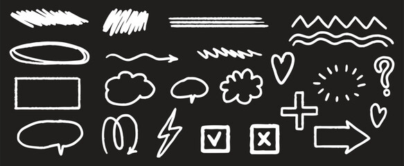 Hand-drawn doodle elements including arrows, boxes, clouds, lines, and symbols create a playful sketch collection. These chalk-style graphics are perfect for notes, presentations, and creative layouts