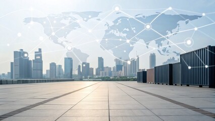 A modern urban landscape with a world map overlay, symbolizing global connectivity and technology in a city environment.