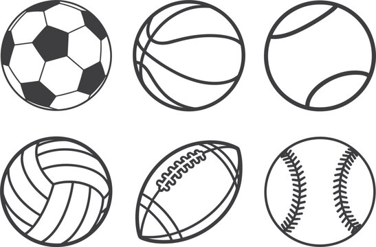 Minimalist black and white outline vector set featuring essential sports equipment: soccer, basketball, tennis, volleyball, football, and baseball balls