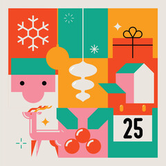 Bright Color Merry Christmas Modern Minimalist Geometric Design with Santa, Reindeer, Decorations and Gifts. Vector Illustration.