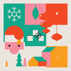 Bright Color Merry Christmas Modern Minimalist Geometric Design with Santa, Tree, Decorations and Gifts. Vector Illustration.