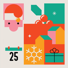 Bright Color Merry Christmas Modern Minimalist Geometric Design with Santa, Snow Flake, Decorations and Gifts. Vector Illustration.
