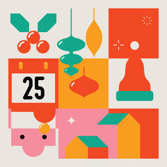 Bright Color Merry Christmas Modern Minimalist Geometric Design with Santa,  Hat, Decorations and Gifts. Vector Illustration.