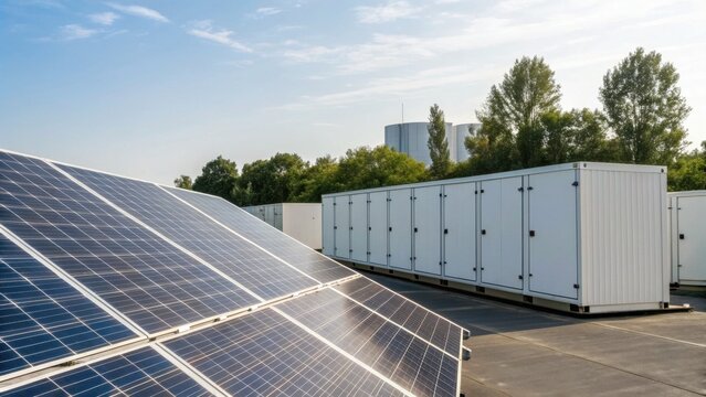 Solar panels installed outdoors, with storage containers in the background, showcasing renewable energy and efficient resource management.