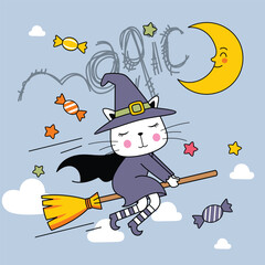 Obraz premium Cute cat wearing witch costume flying on broom with candy and stars in Halloween illustration 
