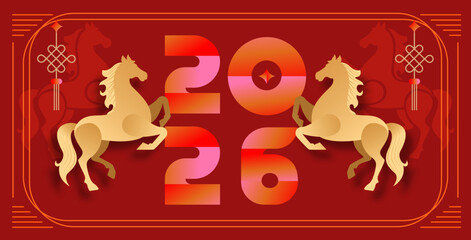 Golden Horses and 2026 Typography for Chinese New Year Fire Horse Celebration on Red Gradient Background. Poster Design Vector Illustration.