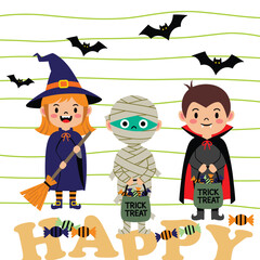 Cute children wearing witch mummy and vampire costumes holding treats in Halloween illustration
