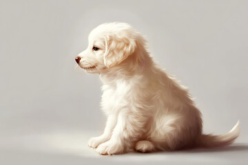 Adorable fluffy white puppy sitting patiently, a symbol of innocence, loyalty, and companionship ideal for heartwarming projects and family content.