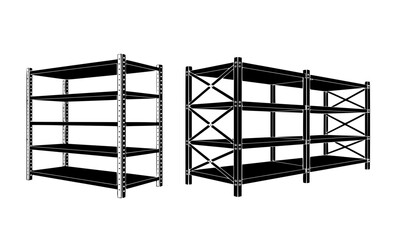 Vector illustration of two types of heavy-duty industrial shelving units in black and white, representing warehouse storage, garage organization, logistics, and retail supply concepts