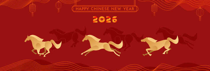 Golden Running Horses Poster Design for Chinese New Year 2026 Fire Horse Celebration on Elegant Red Background. Poster Design Vector Illustration.