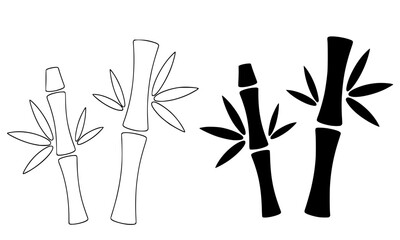 Vector set of two bamboo stalks with leaves, presented in outlined sketch and solid black silhouette styles, representing Asian culture, nature, zen, growth, and relaxation concepts, isolated on white