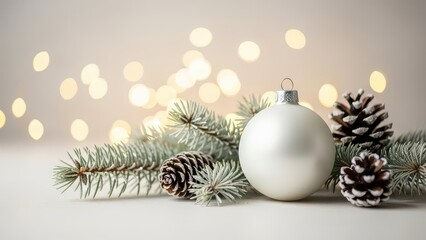 Silver ornament with pinecones and frosted branch against a bokeh light background indoors