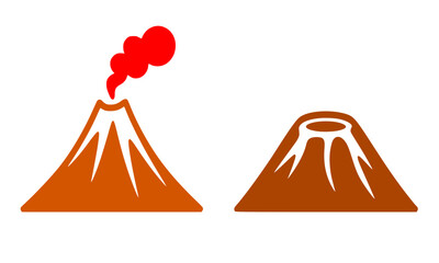 Vector set of two volcano illustrations: one erupting with smoke and one dormant, representing nature, disaster, geology, and travel concepts, in orange and brown colors, isolated on white background.
