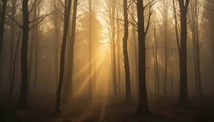 Mystical Forest with Sun Rays Shining Through Foggy Trees