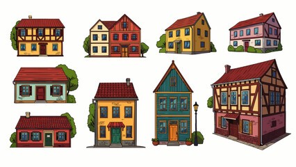 Fototapeta premium A charming collection of diverse cartoon houses, featuring traditional European architecture and vibrant colors, perfect for whimsical design projects.