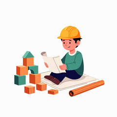 A cheerful young boy in a safety hard hat diligently reviews architectural blueprints, surrounded by colorful building blocks, symbolizing construction dreams.