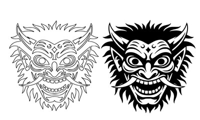 Black and White Stylized Japanese Oni Demon Mask Illustration, Traditional Irezumi Tattoo Vector Art