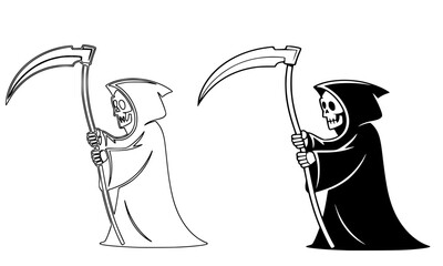 The Grim Reaper character holding a large scythe, side view, in two styles: outlined vector line art and solid black silhouette, representing death, Halloween, and scary concepts, isolated on white ba