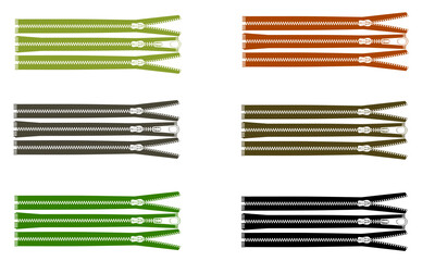 Collection of six-pack zippers in various colors like green, olive, brown, black, and gray, sewing fasteners for clothing, bags, and accessories, isolated on white background, design element.