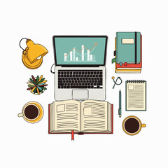 A vibrant, organized flat lay illustration of a modern workspace, featuring a laptop with charts, open books, and coffee, perfect for remote work or study.