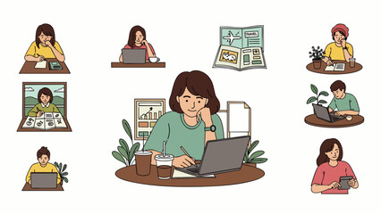 A set of charming flat illustrations showcasing diverse individuals focused on remote work, studying, and digital tasks, reflecting modern productivity and flexible lifestyles.