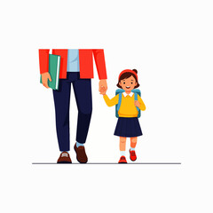 A loving adult walks hand-in-hand with a happy young schoolgirl, symbolizing the start of her educational journey, family guidance, and the joy of learning.