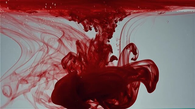 Red ink or paint dispersing and swirling in clear water creating abstract fluid motion patterns