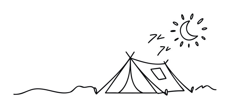 Simple line drawing of a tent and moon with stars conveys camping and nighttime adventure, perfect for travel blogs and outdoorsy themes.
