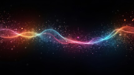Fototapeta premium Colorful intertwined light waves with floating particles on dark background, creating vibrant abstract motion and energy design.