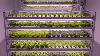 Indoor vertical farm setup with multiple hydroponic racks growing fresh green leafy vegetables under bright artificial grow lights in a controlled environment