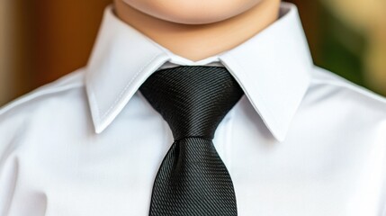A close-up of a white dress shirt collar and a black tie against a softly blurred background.