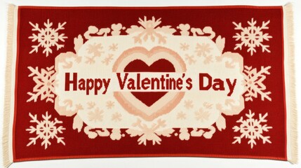 A decorative red rug features a large heart and the text "Happy Valentine's Day," accented by snowflake patterns.