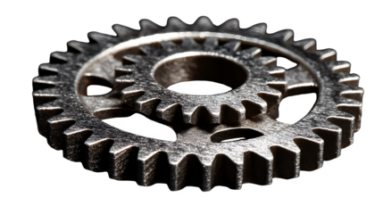 A close up shot of two interlocking metal gears against a stark black background in sharp focus