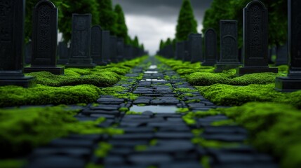 A tranquil cemetery path lined with dark gravestones and lush green moss under overcast skies.