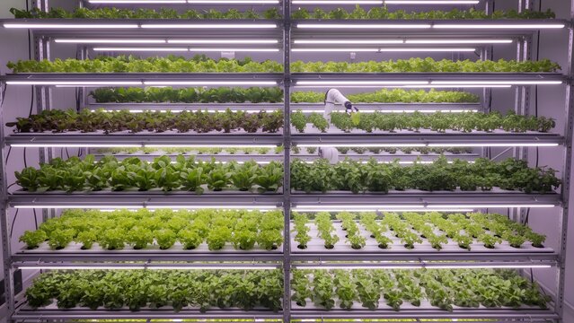 Vertical farm setup showcasing multiple stacked shelves of vibrant green leafy vegetables growing under bright artificial led grow lights in a controlled indoor environment