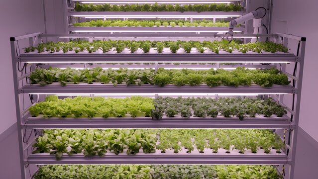Indoor vertical farm setup with multiple hydroponic racks growing fresh green leafy vegetables under bright artificial grow lights in a controlled environment