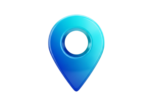 A luminous glossy blue map pin icon with a dark void at its center against a stark black background