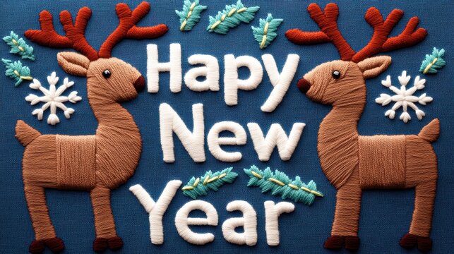 The image showcases two embroidered reindeer flanking the text "Happy New Year" against a blue background adorned with snowflakes and leaves.