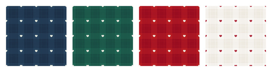 Fototapeta premium Set of checkered pattern with tiny white hearts. Plaid seamless backgrounds. Vintage gift wrapping paper for Christmas and holidays. Tartan plaid fabric. Vector illustration backdrop collection