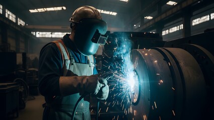 A welder wearing protective gear performs arc welding on a large metal component inside a dimly lit industrial factory setting, creating bright sparks
