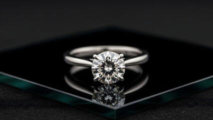 Closeup of a brilliant cut diamond solitaire engagement ring set in a platinum or white gold band, resting on a reflective black surface