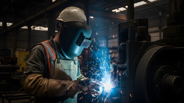 Welder wearing protective gear and helmet performs arc welding in a dimly lit industrial factory setting, creating bright sparks and blue light