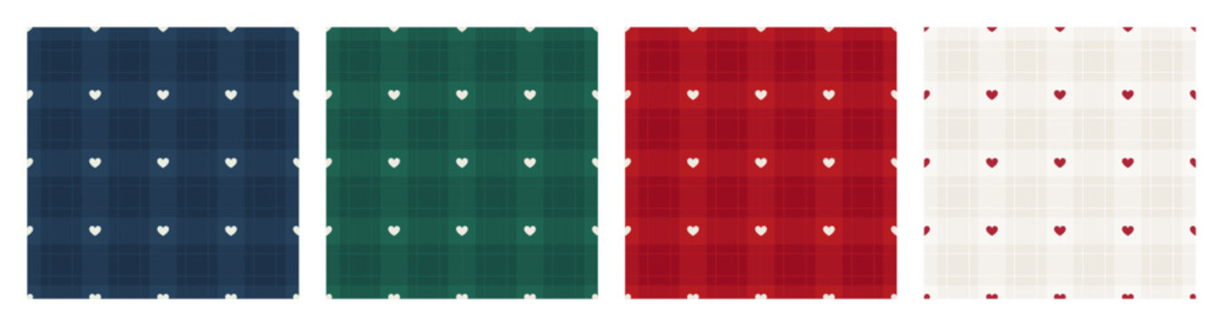 Set of checkered pattern with tiny white hearts. Plaid seamless backgrounds. Vintage gift wrapping paper for Christmas and holidays. Tartan plaid fabric. Vector illustration backdrop collection
