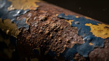 Extreme closeup macro shot of heavily rusted metal pipe surface showing peeling blue and yellow paint texture with deep corrosion
