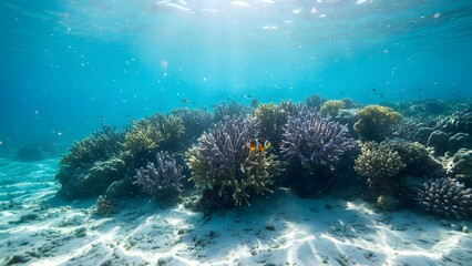 Fototapeta premium Vibrant underwater scene showcasing a healthy coral reef ecosystem with sunlight rays piercing the clear blue ocean water above a sandy seabed