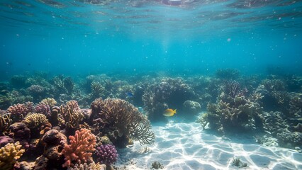 Fototapeta premium Vibrant underwater scene showcasing a colorful coral reef ecosystem with clear turquoise water and sunlight filtering from the surface, featuring a small yellow fish
